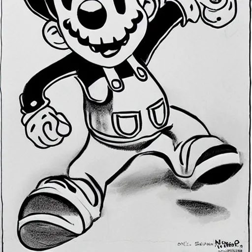 Image similar to a Pop Wonder scary horror themed goofy-hilarious-character MarioWarioWaluigi, dime-store-comic drawn with charcoal and pen and ink, half-tone-line-stacking