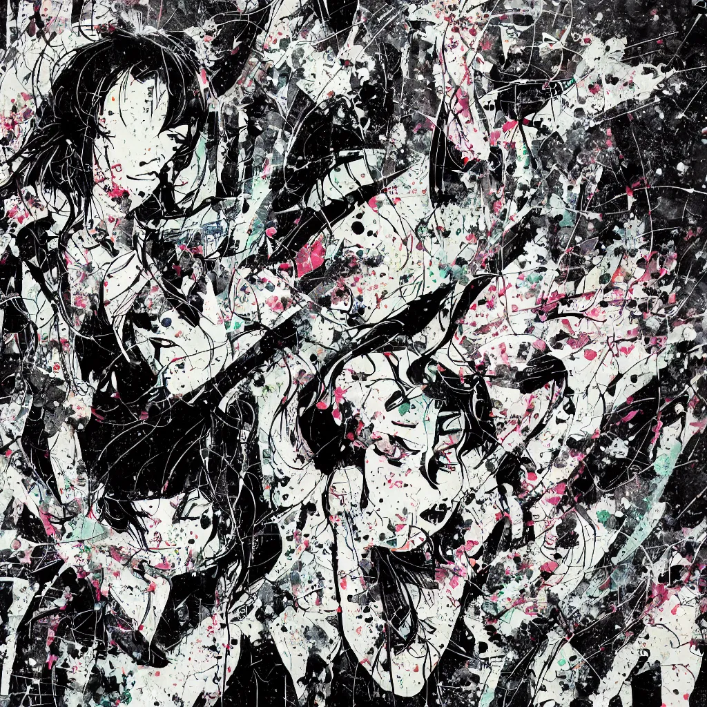 Image similar to girl figure, abstract, jet set radio artwork, ryuta ueda artwork, cryptic, rips, spots, asymmetry, stipple, lines, glitches, color tearing, pitch bending, stripes, dark, ominous, eerie, hearts, minimal, points, otomo katsuhiro artwork, technical, natsumi mukai artwrok, folds