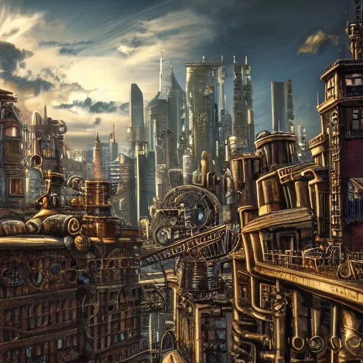Prompt: steampunk, cityscape, sky, 8k, high detail
