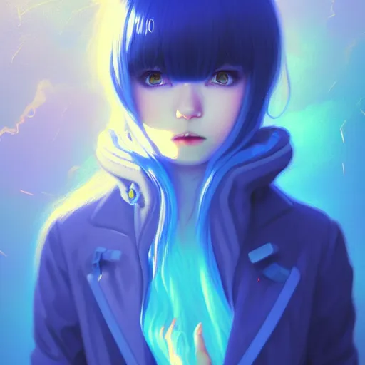 Image similar to blue slime swirling around a pensive rimuru tempest, enveloped in ghosts, sky blue straight hair, bangs, with amber eyes, black jacket, high collar, ultra fine detaile, dark theme, digital painting, psychedelic, cinematic, wlop, pixiv, ilya kuvshinov, ross tran