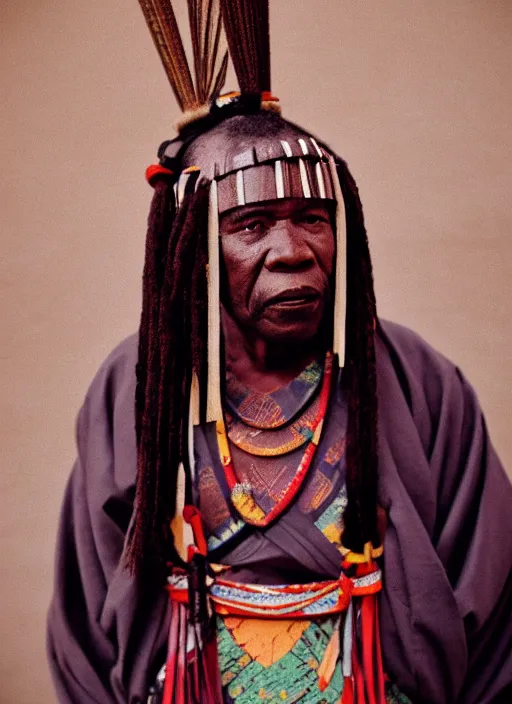 Prompt: analogue photo of an Igbo tribal chief in Japanese Haori & Hakama, 35mm, f/1.4, Golden Hour light, photo shot my Martha Cooper,