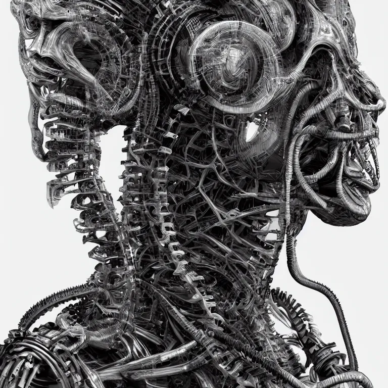 Image similar to surreal biomechanical spinal ribbed tribal organic face portrait of mechanical animal, beautiful detailed intricate insanely detailed BW 3D render digital art, octane render, 8K artistic photography, photorealistic