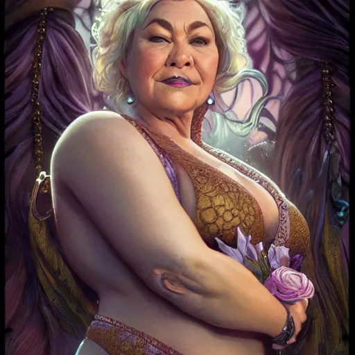 Image similar to ultra realistic illustration, roseanne barr as ursula, intricate, elegant, highly detailed, digital painting, artstation, concept art, smooth, sharp focus, illustration, art by artgerm and greg rutkowski and alphonse mucha