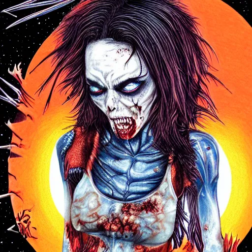 Image similar to hyper realistic colored pencil drawing of zombie wolverine, space background, unlimited detail, colored, space, dragon, intricate, detail, phoenix, orange by harumi hironaka-C 8