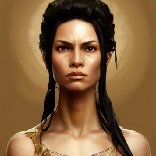 Prompt: beautiful, very strong, mixed race, female, aged 4 0, face, no makeup, head shot, fantasy, highly detailed, digital painting, artstation, concept art, smooth, sharp focus, illustration, art by brom and greg rutkowski and alphonse mucha