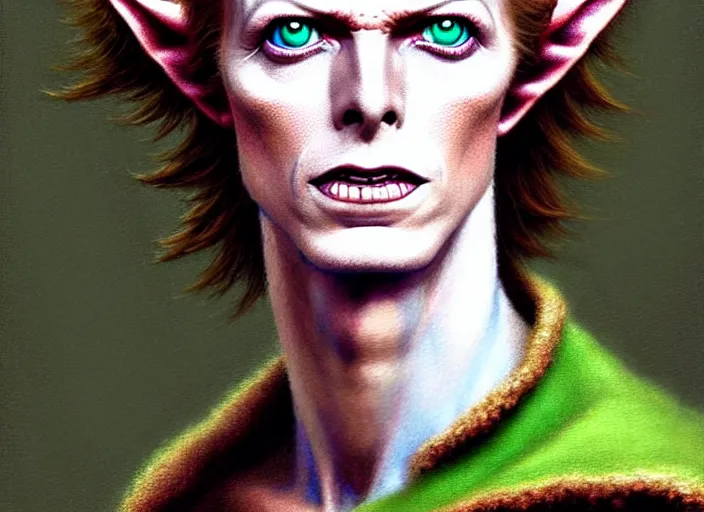 Image similar to portrait shot of young david bowie as link the elf in zelda 1 9 8 0, intricate, elegant, highly detailed, centered, digital painting, artstation, concept art, smooth, sharp focus, illustration, artgerm, tomasz alen kopera, peter mohrbacher, donato giancola, joseph christian leyendecker, wlop, boris vallejo