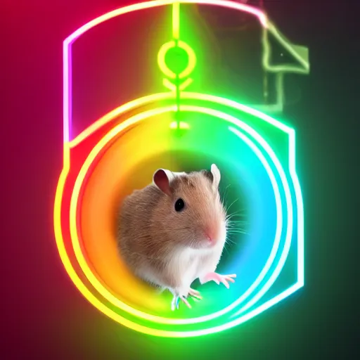 Image similar to cyberpunk hamster! holding rainbow! gem! crystal, neon lights, light reflection, 8 k, hd