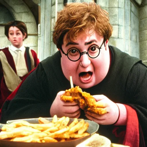 Prompt: obese harry potter eating fried chicken, movie still