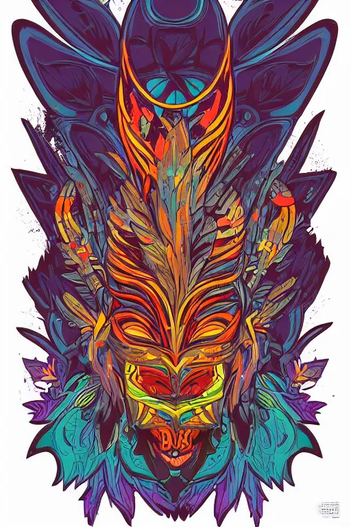 Image similar to animal mask totem roots flower tribal feather gemstone plant wood rock shaman vodoo video game vector cutout illustration vivid multicolor borderlands comics by josan gonzales and dan mumford radiating a glowing aura