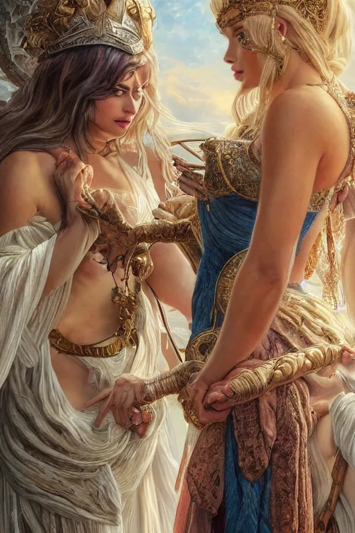 Image similar to ultra realistic illustration, a stunningly beautiful greek goddess of chaos played by margot robbie and taylor swift and megan fox and emma stone and britney spears, intricate, elegant, highly detailed, digital painting, artstation, concept art, smooth, sharp focus, illustration, art by artgerm and greg rutkowski and alphonse mucha