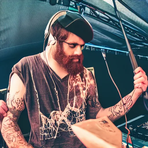 Image similar to beardthug, dj, music festival, hyperrealistic