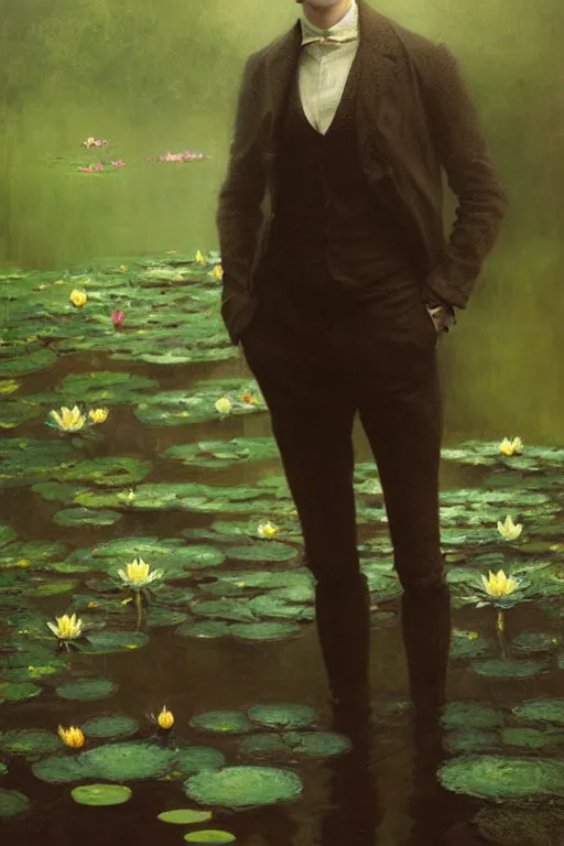 Image similar to detailed cinematic moody colors studio portrait of a young victorian gentleman in a beautiful victorian water pond, water lilies, high quality by jeremy mann, only one head single portrait