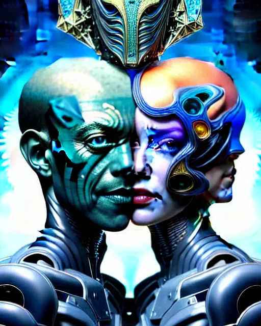 Image similar to a portrait of gemini man and woman fantasy character portrait made of fractals facing each other, ultra realistic, wide angle, intricate details, the fifth element artifacts, highly detailed by peter mohrbacher, hajime sorayama, wayne barlowe, boris vallejo, aaron horkey, gaston bussiere, craig mullins