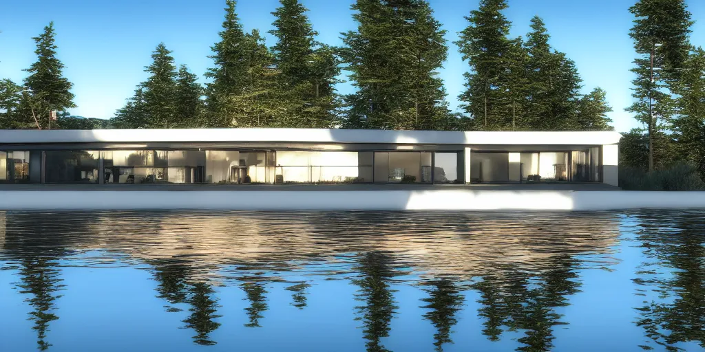 Image similar to modern house on a lake, reflections, sun, ultra realistic, epic lighting, unreal engine 5