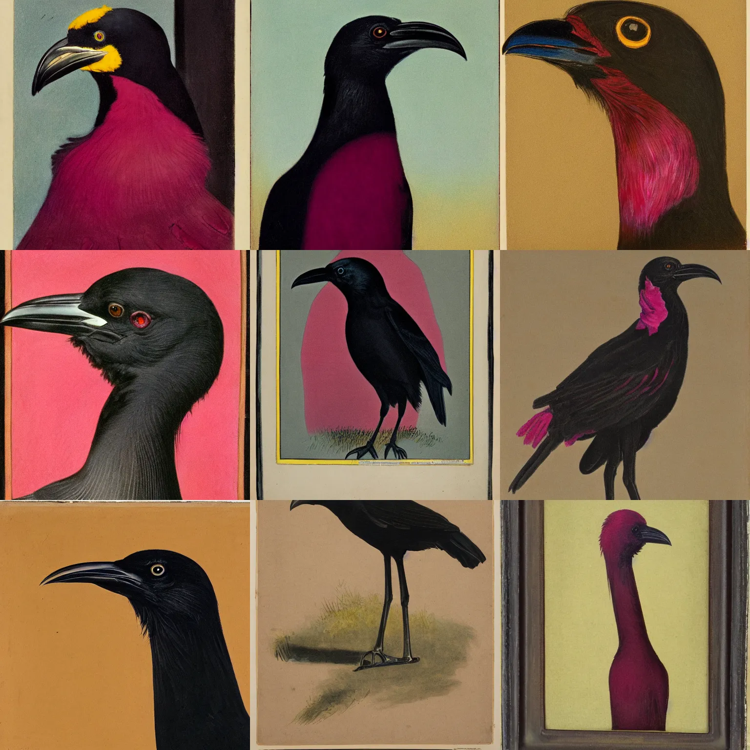 Prompt: long - necked crow - human creature, portrait in the style of american realism ( 1 9 1 1 ), formal attire, quinacridone magenta, hansa yellow, and burnt umber