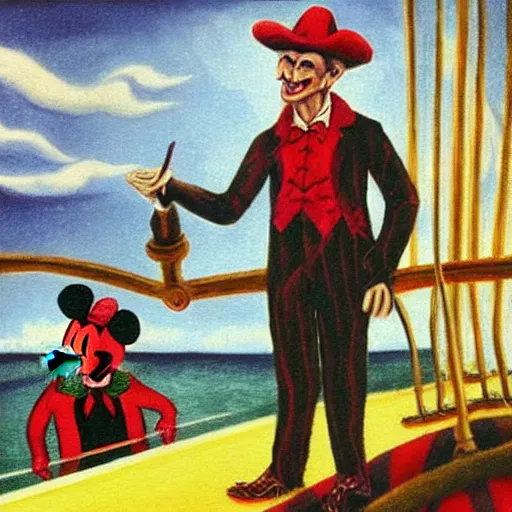 Image similar to “Walt Disney dressed like Freddy Krueger on a pirate ship sailing over Niagara Falls, in the style of artist Henri Rousseau.”