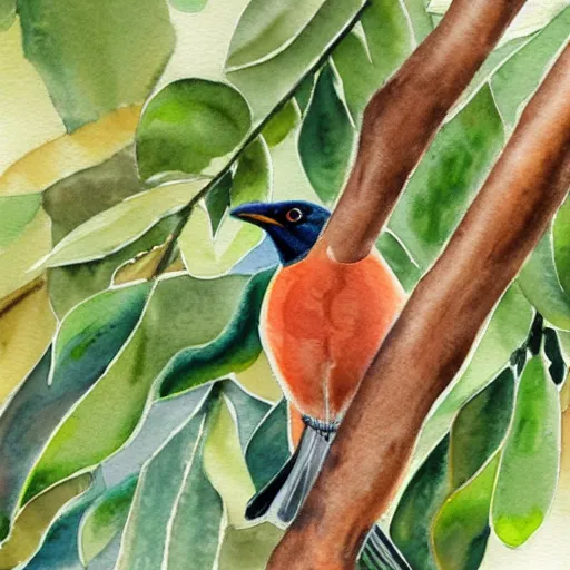 Prompt: A realistic watercolour painting of a Trogon in a wild avocado tree, fine detail