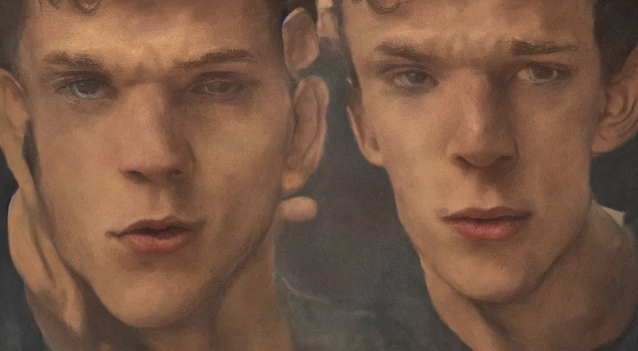 Prompt: Tom Holland at the picture - his portrait, but half face is a golden Venom. material acrile , high detail