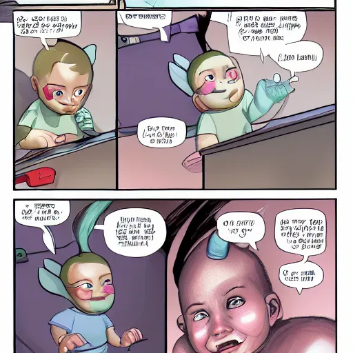 Prompt: portrait of a smug baby performing neurosurgey, medium shot, highly coherent, saga comic, fiona staples