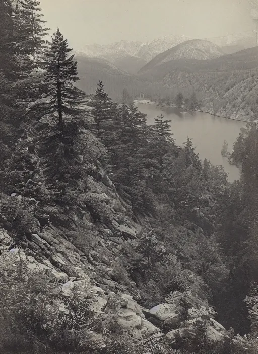 Prompt: Overlook of a gorge with steep rocky slopes covered with sparse fir trees , albumen silver print by Timothy H. O'Sullivan.