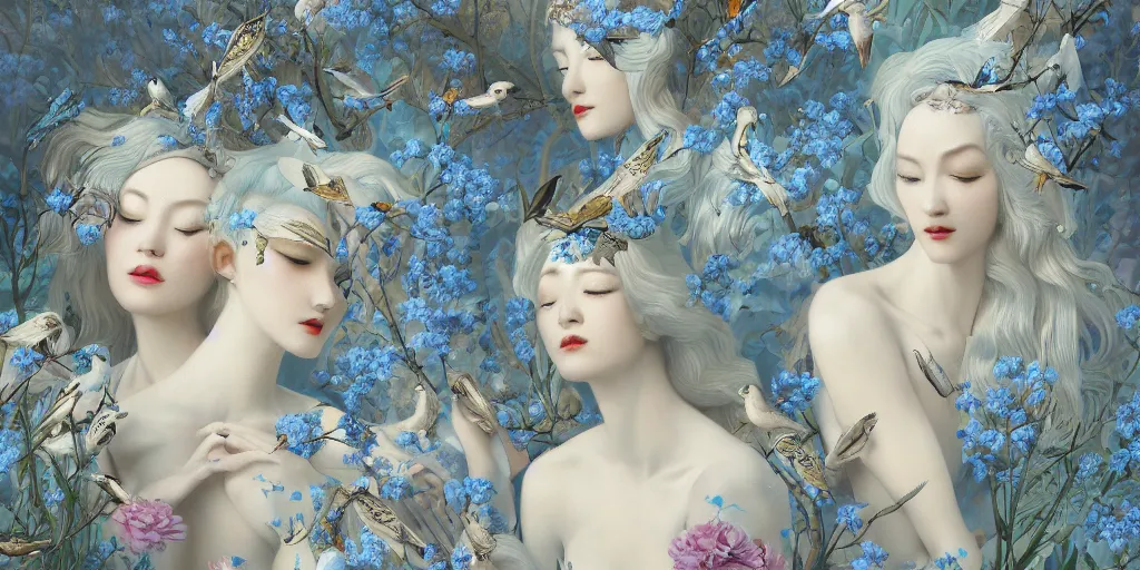 Image similar to breathtaking detailed concept art painting art deco pattern of blonde faces goddesses amalmation light - blue flowers with anxious piercing eyes and blend of flowers and birds, by hsiao - ron cheng and john james audubon, bizarre compositions, exquisite detail, extremely moody lighting, 8 k