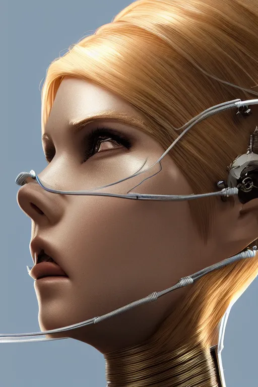 Image similar to a beautiful woman with blonde hair wearing robot suit with wires and light, highly detailed, photorealistic, artstation, smooth