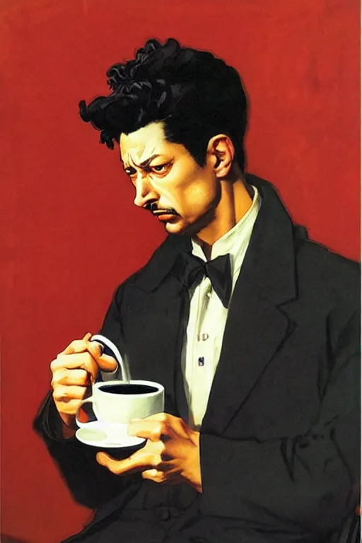 Image similar to attractive 2 1 savage drinking coffee, painting by j. c. leyendecker, yoji shinkawa, katayama bokuyo