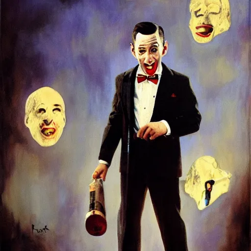 Prompt: pee wee herman as a serial killer. painting by frank frazetta, highly detailed, high quality, 8 k, soft lighting, realistic face, path traced
