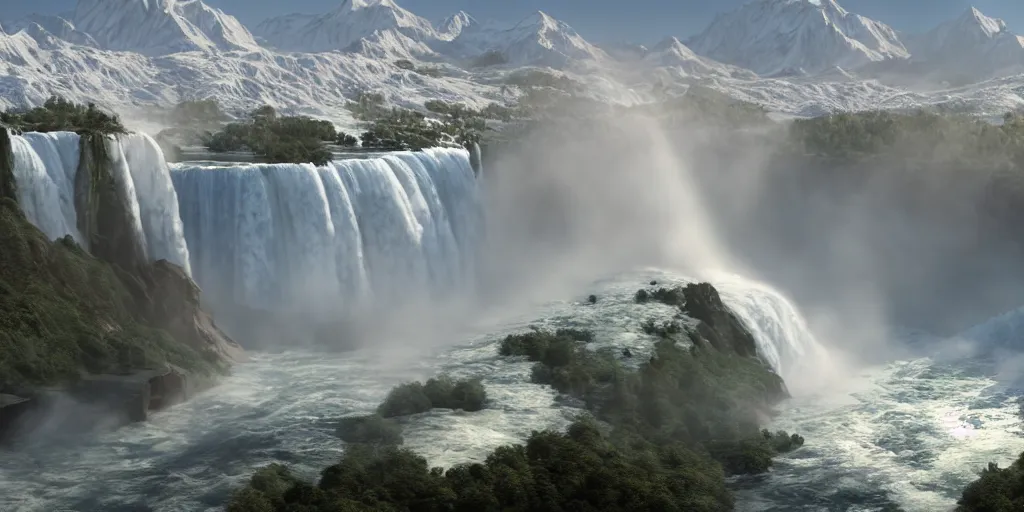 Prompt: cascade of multiple gigantic niagara falls in the himalaya, epic mountains, early dawn, fantasy illustration, matte painting, concept art, low angle shot, volumetric lighting, volumetric atmosphere, morning mist, art by james gurney, unreal engine 5, 8 k