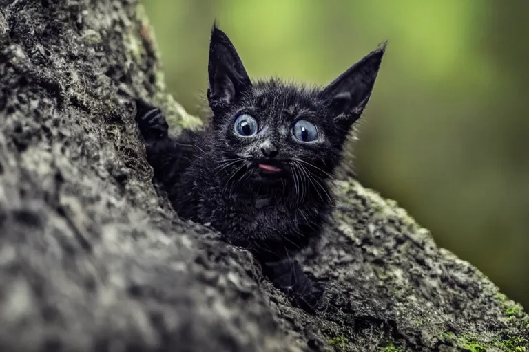 Image similar to a close shot of an ominous bat kitten being standing in a forest, detailed, mythical, mist, depressing, tired, dark, lush, nature, mist, mystery, glows, somber, dismal, fog, heavy fog, dark lighting, rim light, glow, ambient light,