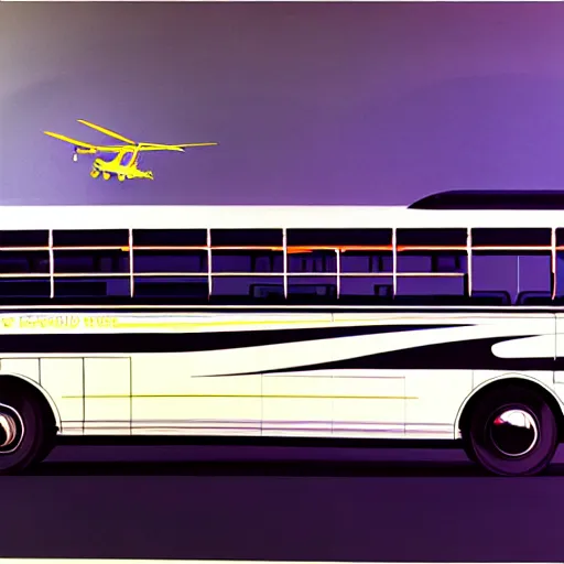 Image similar to concept art for bus + helicopter, painted by syd mead, high quality