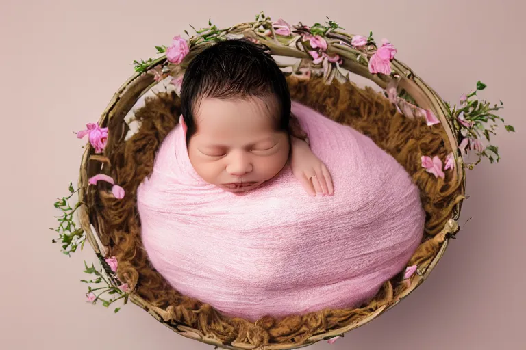 Prompt: beautiful sleeping newborn chubby baby girl wrapped in pink blanket inside a wooden basket on top of flowers and a furry pink carpet, newborn photography style, photographic, ultra realistic, highly detailed, octane render