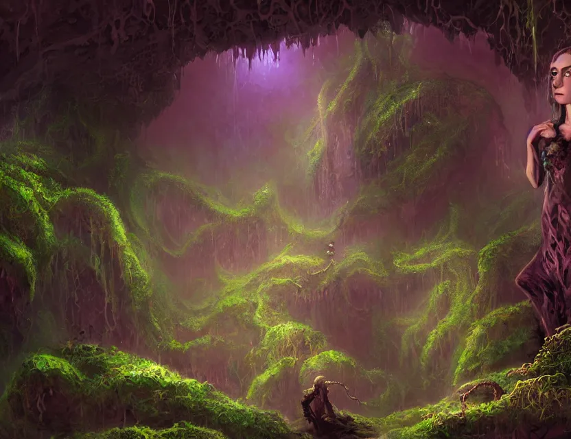 Prompt: a woman in a lovecraftian eldritch cave with crystals and lush vegetation. this airbrush painting by the award - winning concept artist has dramatic lighting, an interesting color scheme and great sense of depth.