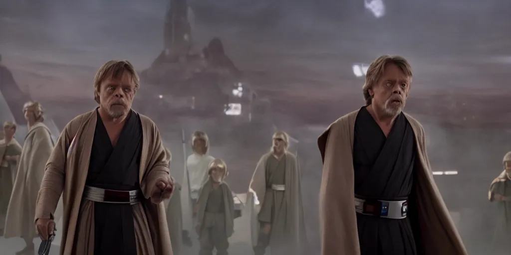 Prompt: A still of Mark Hamill as Jedi Master Luke Skywalker training a room full of young Jedi padawans, with large windows showing a sci-fi city outside, at dusk at golden hour