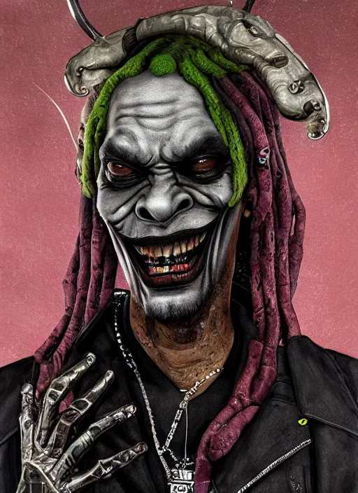 Image similar to giger portrait of snoop dogg as joker, hyper detailed, digital art, trending in artstation, cinematic lighting, studio quality, smooth render, unreal engine 5 rendered, octane rendered, art style by klimt and nixeu and ian sprigger and wlop and krenz cushart.