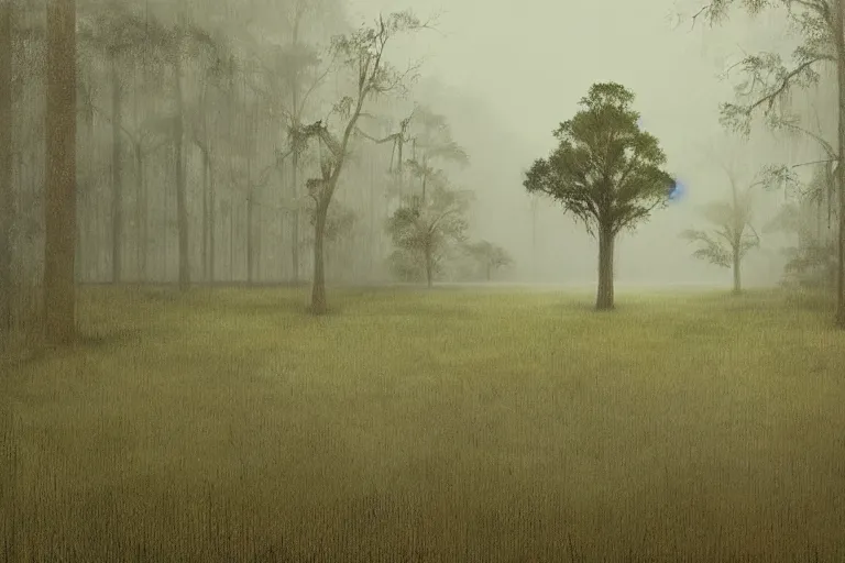 Image similar to scene from louisiana swamps, farm, big oak, pentagram, voodoo, artwork by tim eitel