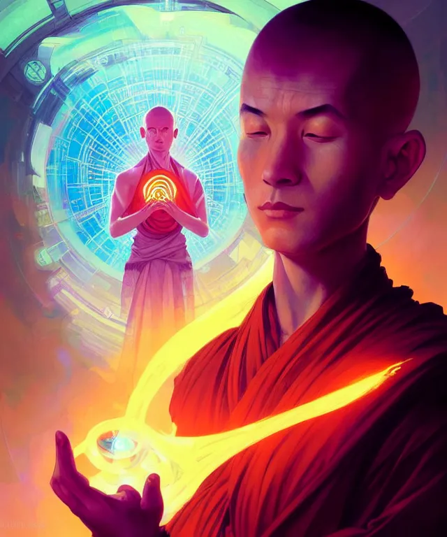 Prompt: a floating monk, meditating, wearing netrunner clothing, vaporwave aesthetic, colorful, psychedelic, digital painting, artstation, concept art, smooth, sharp focus, illustration, art by artgerm and greg rutkowski and alphonse mucha