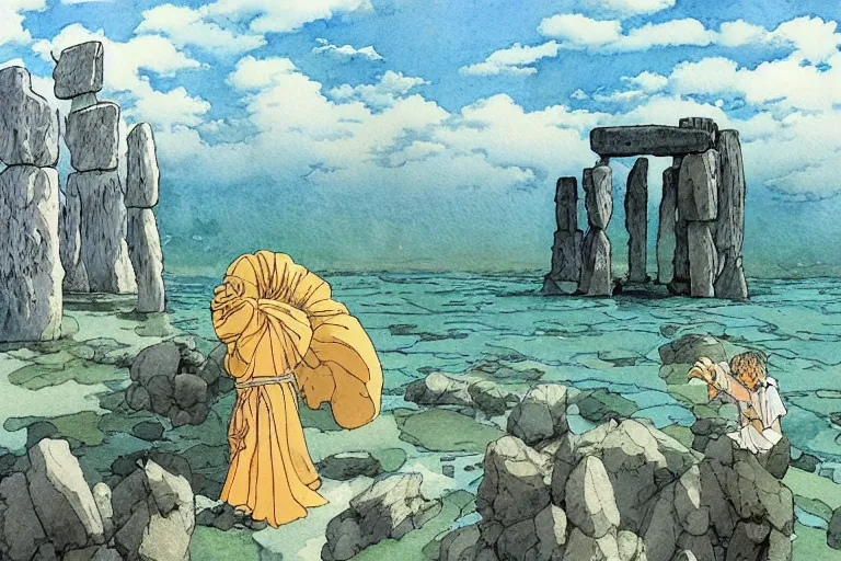 Image similar to a hyperrealist studio ghibli watercolor fantasy concept art. in the foreground is a giant monk in a grey robe lifting a stone. in the background is stonehenge. the scene is underwater on the sea floor. by rebecca guay, michael kaluta, charles vess