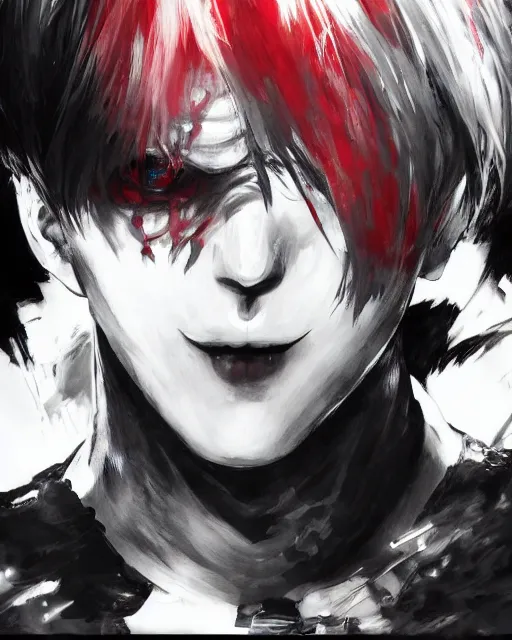 Image similar to kaneki ken, tokyo ghoul, painting by yoji shinkawa, sui ishida, yoshikata amano, collaborative painting, very detailed and high quality, 4 k, 8 k, artstation