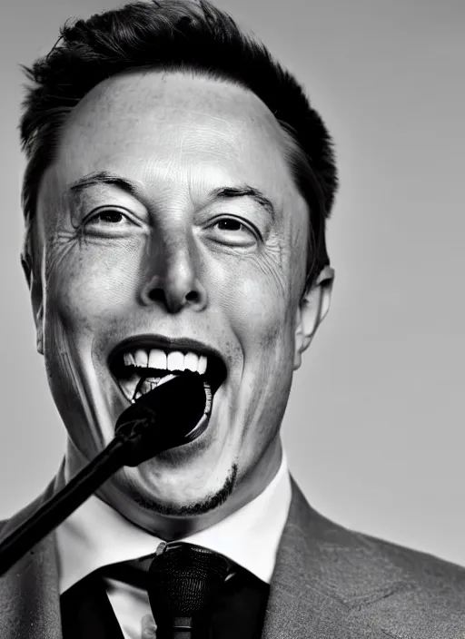 Image similar to Portrait of Elon musk wearing a suit, screaming into an old microphone . Black and white, high contrast