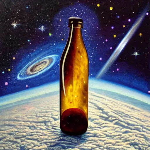 Prompt: a hyper realistic painting of the universe contained inside of a bottle floating in space
