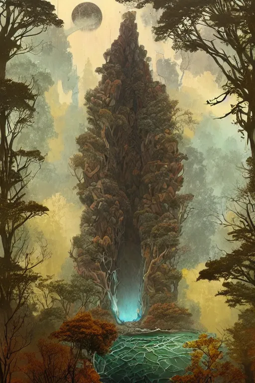 Prompt: a tall monolithic brutalist stone autumnal building plunging in to a giant sink hole in the ground, a surreal moonscape of autumnal tiers spreading, trees and geology made of dripping fluid, ornate, peter mohrbacher, fred tomaselli, victo ngai, roger dean