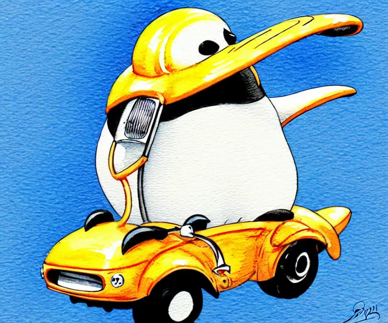 Image similar to cute and funny, penguin wearing a helmet riding in a tiny hot rod with an oversized engine, ratfink style by ed roth, centered award winning watercolor pen illustration, isometric illustration by chihiro iwasaki, edited by range murata, tiny details by artgerm and watercolor girl, symmetrically isometrically centered, sharply focused