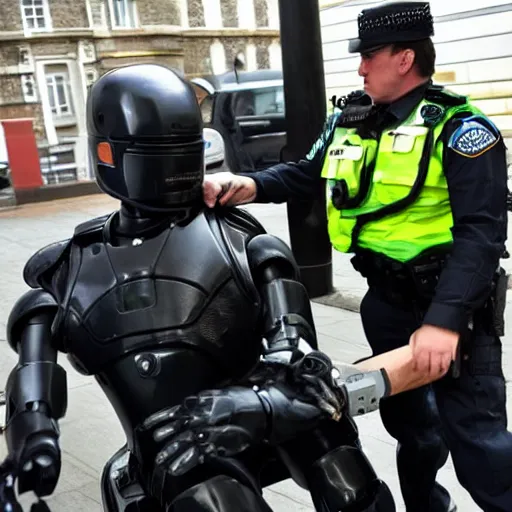 Image similar to robocop arresting british person, detailed facial expression