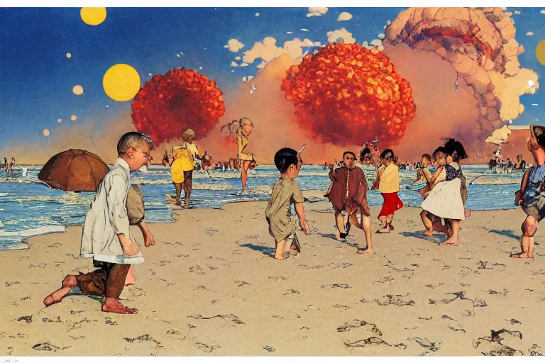 Image similar to children playing at the beach, huge atomic explosion in the background, wide angle shot, oil on canvas by norman rockwell, by mattias adolfsson, by moebius and satoshi kon, hd, 4 k, high quality,