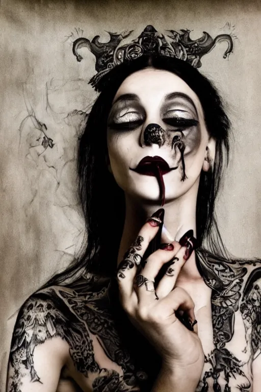 Prompt: tattooed beautiful goth girl smoking cigarette and smiling, dark, moody, eerie religious painting, photorealistic photo by national geographic, Peter Kemp
