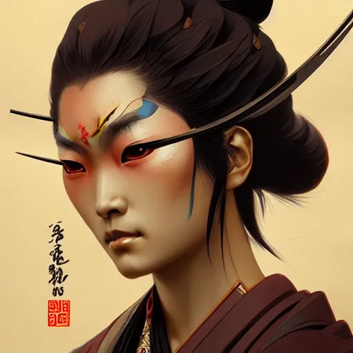 Image similar to oni samurai japanese style, face, fantasy, intricate, elegant, highly detailed, digital painting, artstation, concept art, smooth, sharp focus, illustration, artstation, cgsociety, art by artgerm and greg rutkowski and alphonse mucha