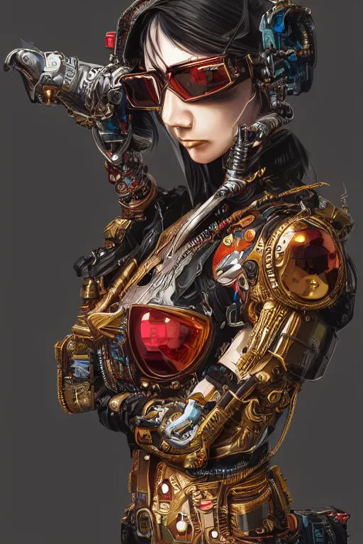 Image similar to Portrait of a cyberpunk cyborg , D&D, sci fi fantasy, intricate, gold and red, richly detailed colored , art by Range Murata, highly detailed, 3d, octane render, bright colors, digital painting, trending on artstation, sharp focus, illustration style of Stanley Artgerm,