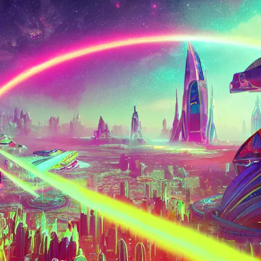 Prompt: a futuristic colorful alien city made of crystals, burning halo, intricate artwork by Tooth Wu and wlop and beeple, greg rutkowski, very coherent symmetrical artwork, cinematic, hyper realism, high detail, octane render, unreal engine, 8k, Vibrant colors, Smooth gradients, High contrast, depth of field by Jacek Yerka, Mariusz Lewandowski, Houdini algorithmic generative render, Abstract brush strokes, Masterpiece, Edward Hopper and James Gilleard, Zdzislaw Beksinski, Mark Ryden, Wolfgang Lettl, hints of Yayoi Kasuma, octane render, 8k