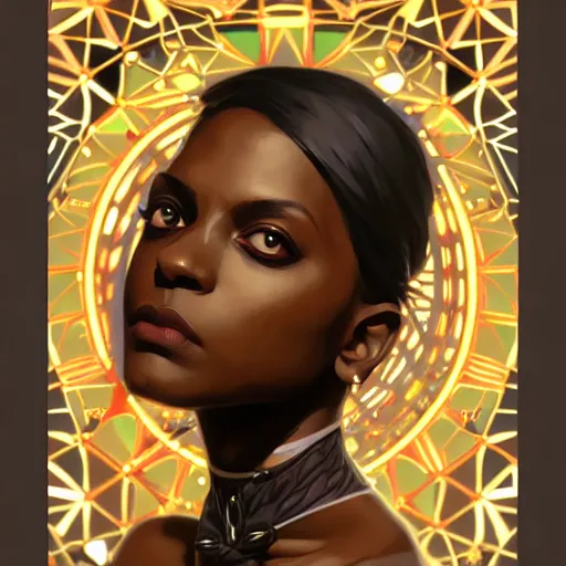 Image similar to Character Portrait of Ramlethal Valentine surrounded by geometric nodes, face, fantasy, intricate, elegant, highly detailed, digital painting, artstation, concept art, smooth, sharp focus, illustration, art by Greg Manchess and Fernanda Suarez and Artem Demura and alphonse mucha